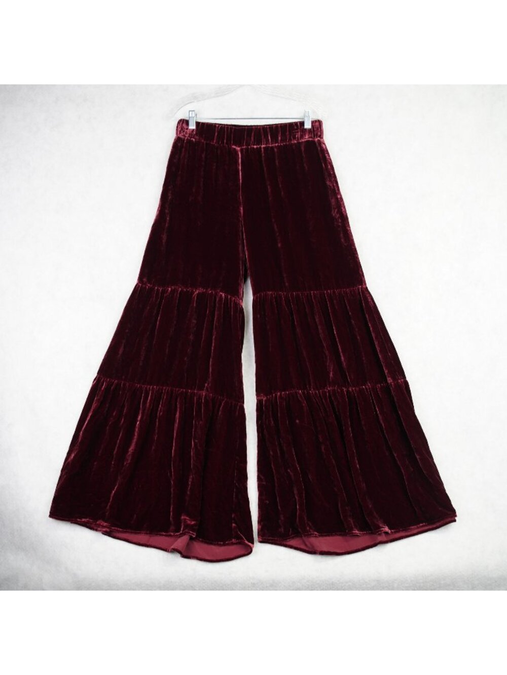 Johnny Was JW Los Angeles Womens Burgundy Velvet Tiered Wide-Leg Pants Sz Small